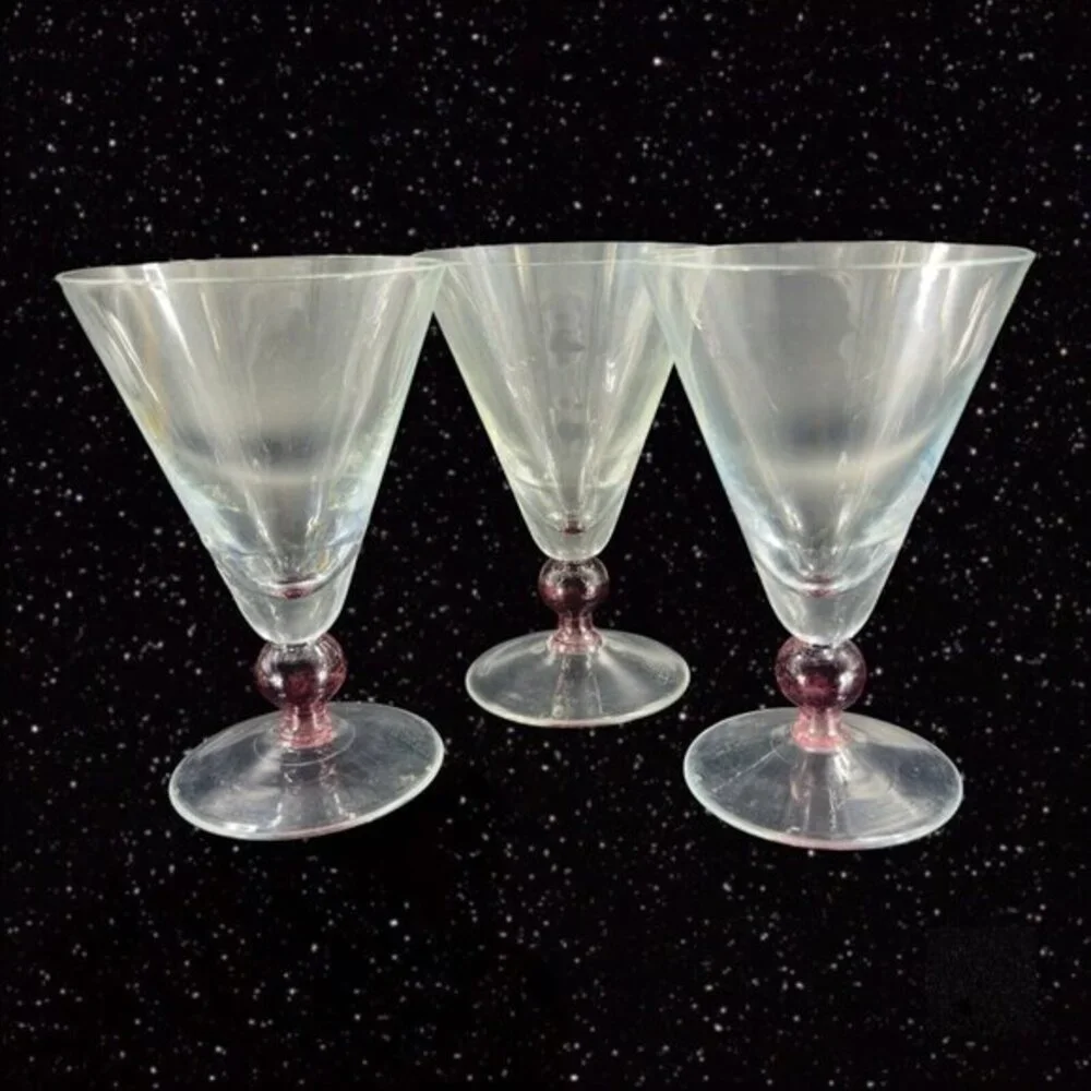 Martini Cosmo Cocktail Glass Bubble Ball Stem Purple Base  Barware Set 3 Glasses